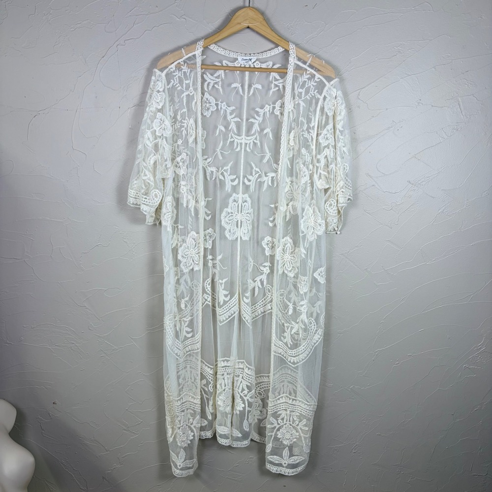 Floral Lace Kimono Sheer Boho Long Cardigan Embroidered Cream 2X Fairy Whimsical
